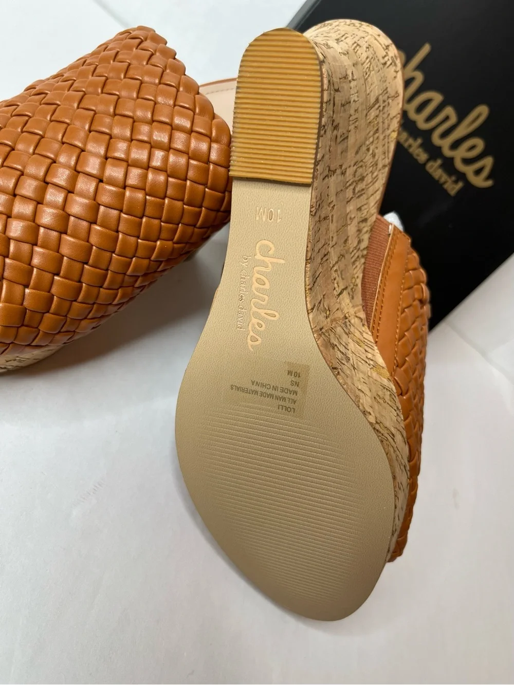 Charles David Lolli Cognac Woven Leather Cork Wedge Slide, new in box size 10